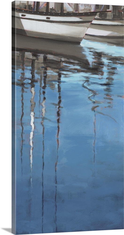 Art print of sail boat reflections in rippling water.