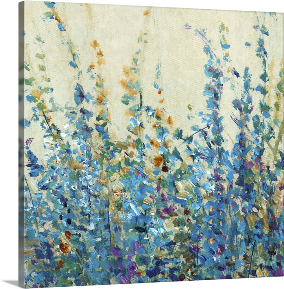 Blue toned contemporary painting of flowers.