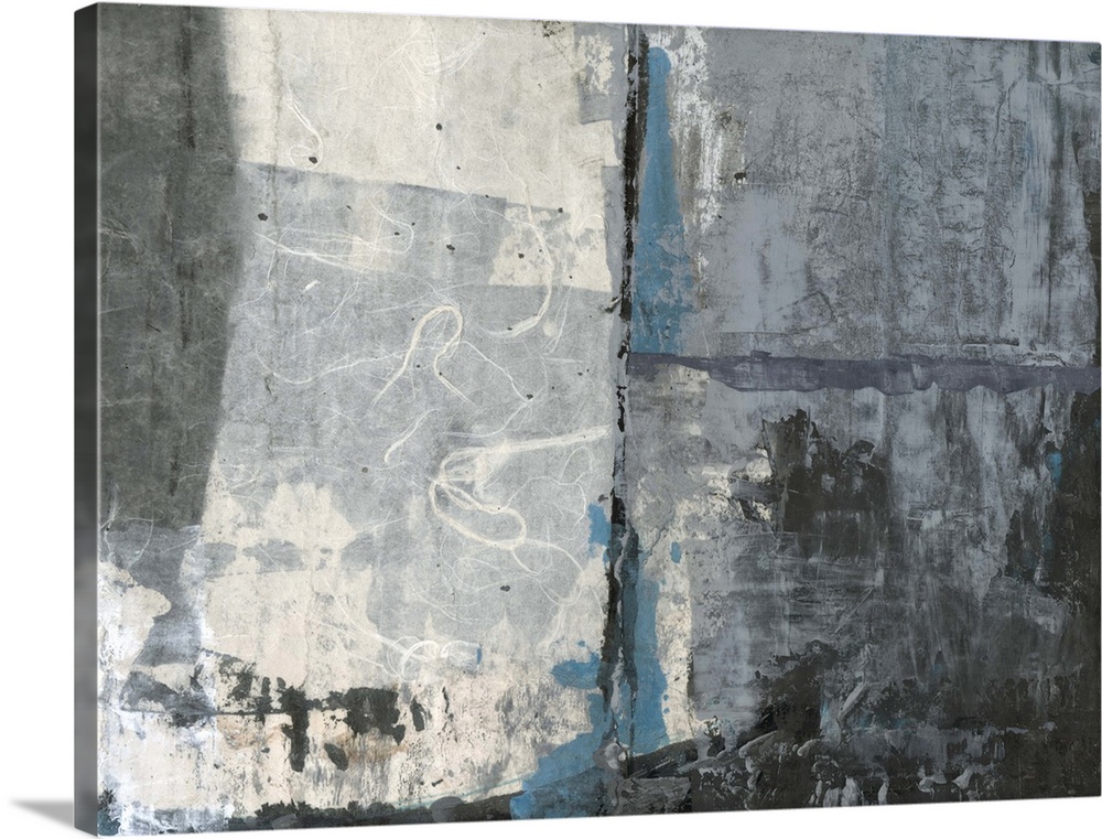 A contemporary abstract painting using shades of gray and weathered textures.