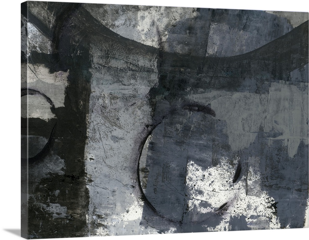 A contemporary abstract painting using shades of gray and weathered textures.