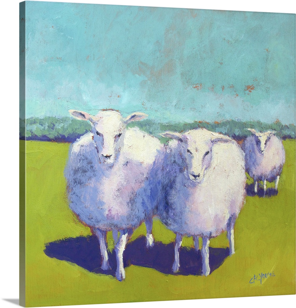 Contemporary painting of three woolly sheep in a green field.