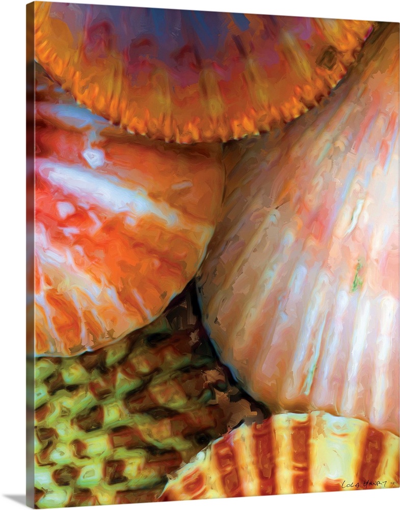 A contemporary painting of a close-up colorful seashells.