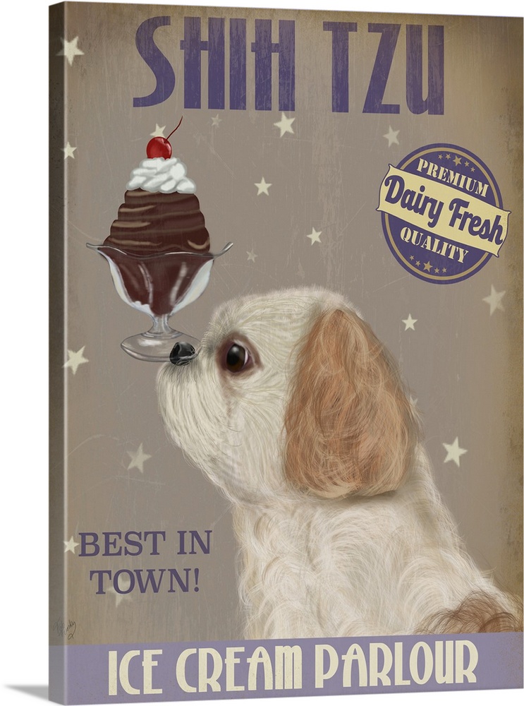 Decorative artwork of a Shih Tzu balancing an ice cream sundae on its nose in an advertisement for an ice cream parlour.