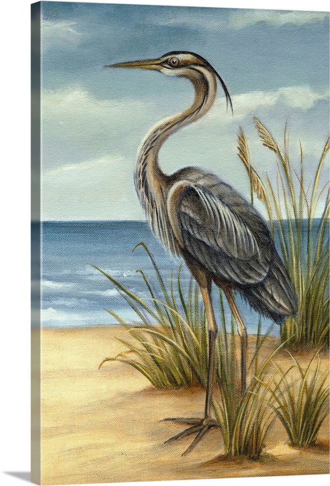 Image of a tall heron standing among clumps of sea grass. This traditional painting is reminiscent of the work of John Jam...