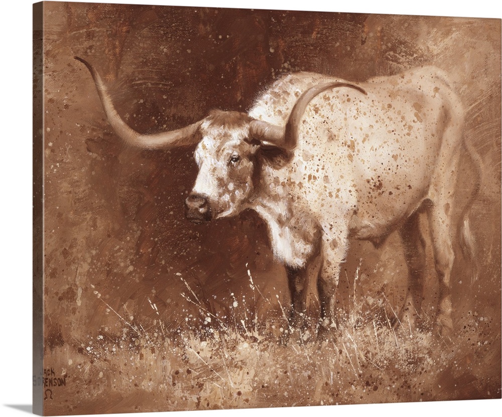 Energetic brush strokes and paint splatters create this brown toned artwork featuring a long horn cow.