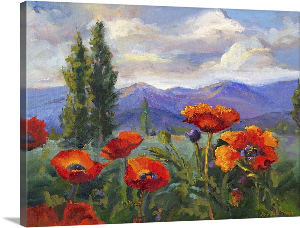 Contemporary painting of a group of wild California poppies near the Sierra Nevada mountains.