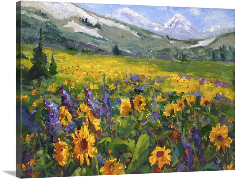 Contemporary painting of a field of wildflowers in a meadow in the Sierra Nevada valley.