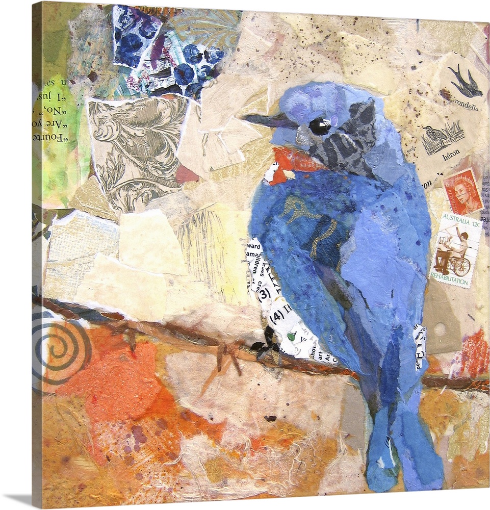 Creative collage of a blue bird perched on a branch with pieces with text and postage stamps.