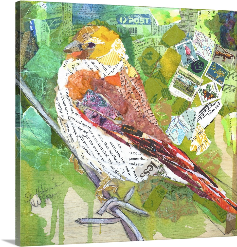 Creative collage of a bird perched on a branch with pieces with text and postage stamps.