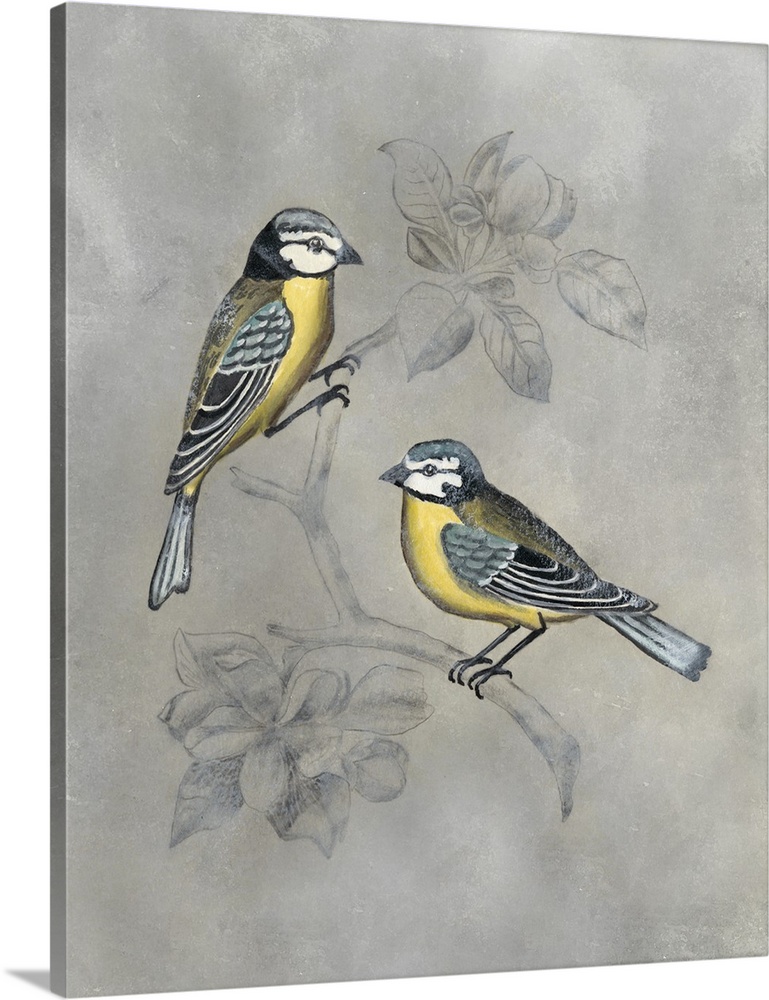 Contemporary painting of two birds on perched on an illustrated branch with a silver background.
