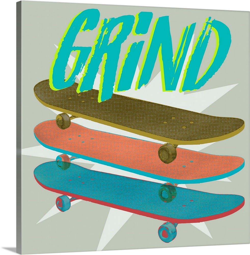 A youthful design of layered group of skateboards below "Grind" on a starburst gray background.