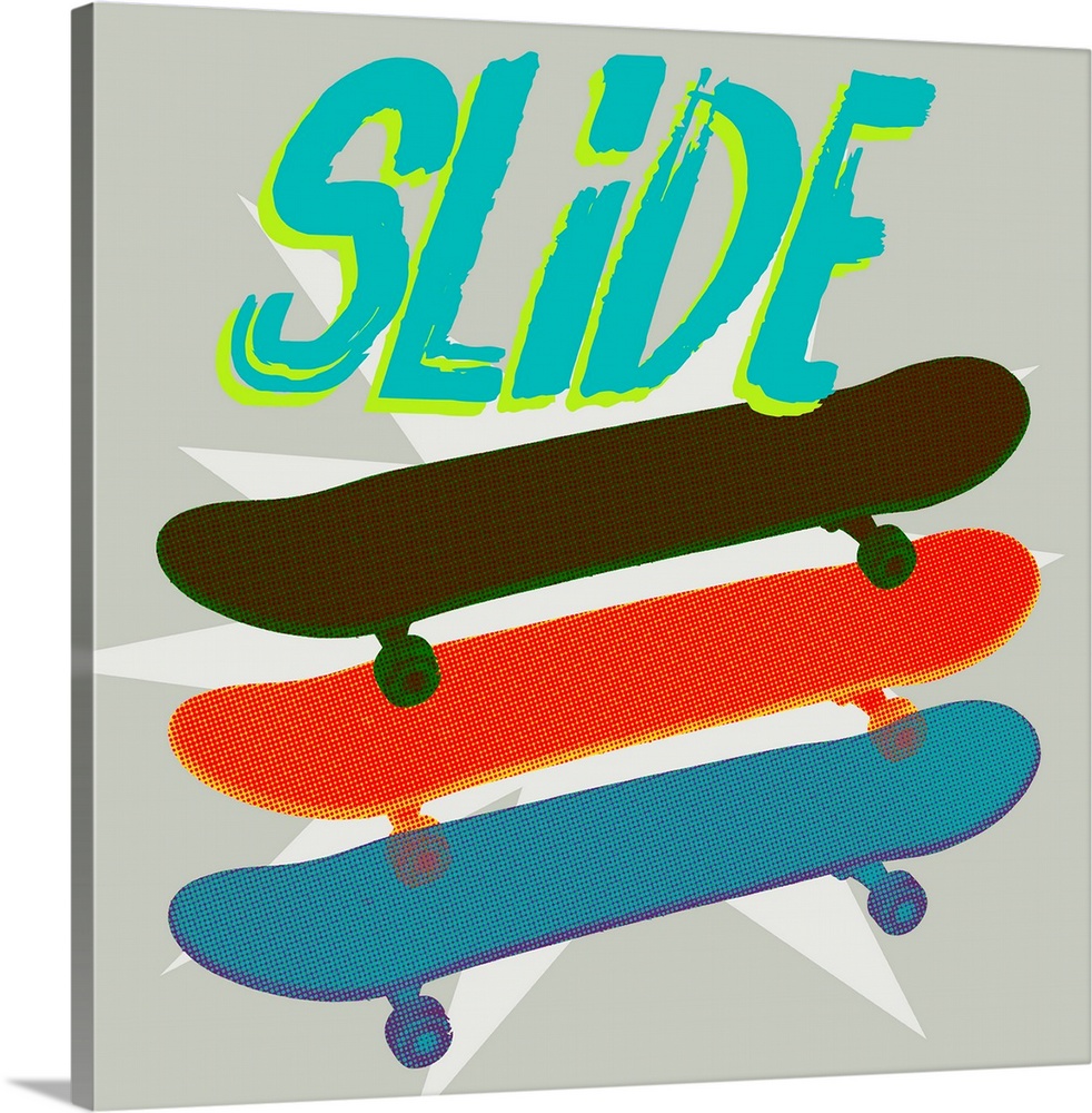 A youthful design of layered group of skateboards below "Slide" on a starburst gray background.