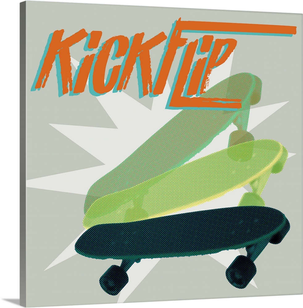 A youthful design of layered group of skateboards below "Kick Flip" on a starburst gray background.