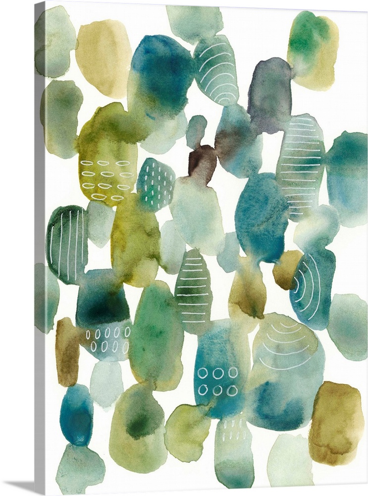 This contemporary artwork contains blue and green pebbles of color with some that are decorated with patterns of white lines.
