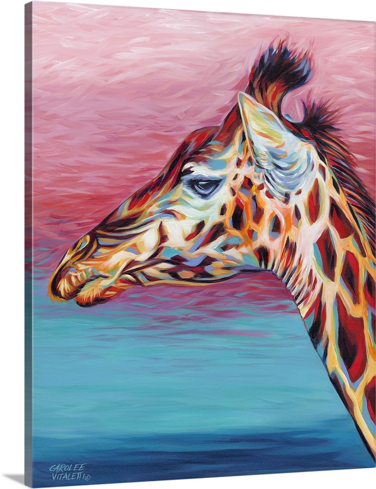 Contemporary painting of a giraffe using swirling paint strokes.