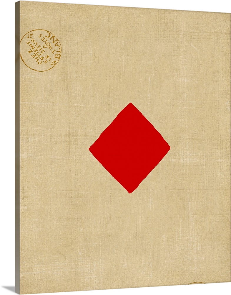 Contemporary artwork resembling a giant playing card with two stamp emblems.
