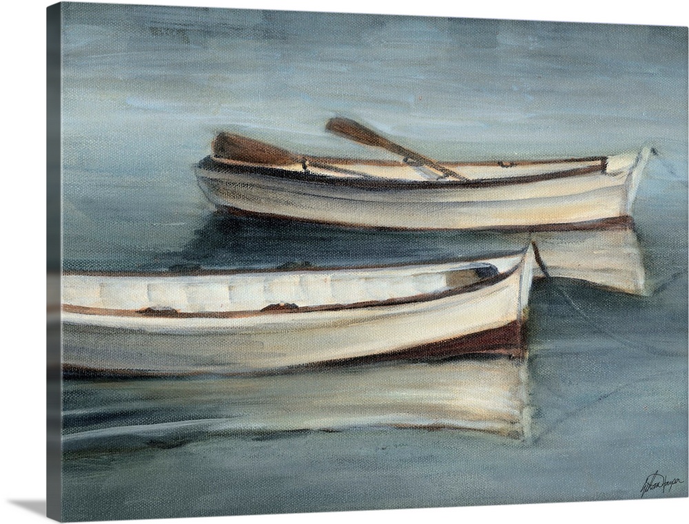 This serene scene of two rowboats with moored in still water is painted in a transitional style. The cool neutral colors w...