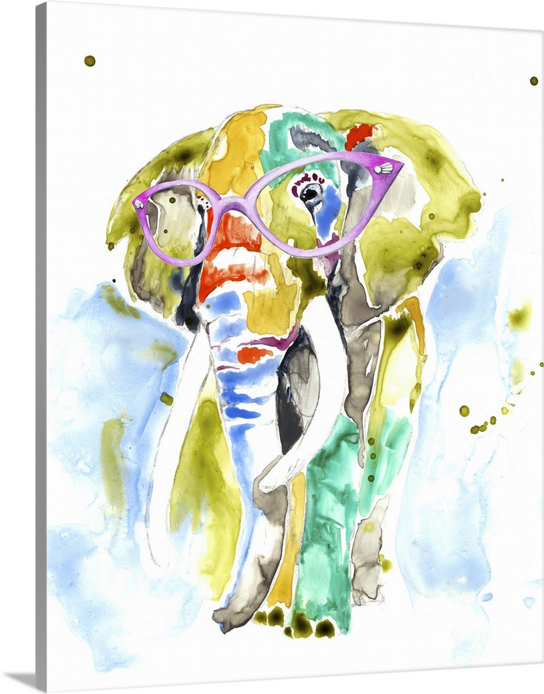 Colorful watercolor painting of an elephant wearing purple rimmed glasses.