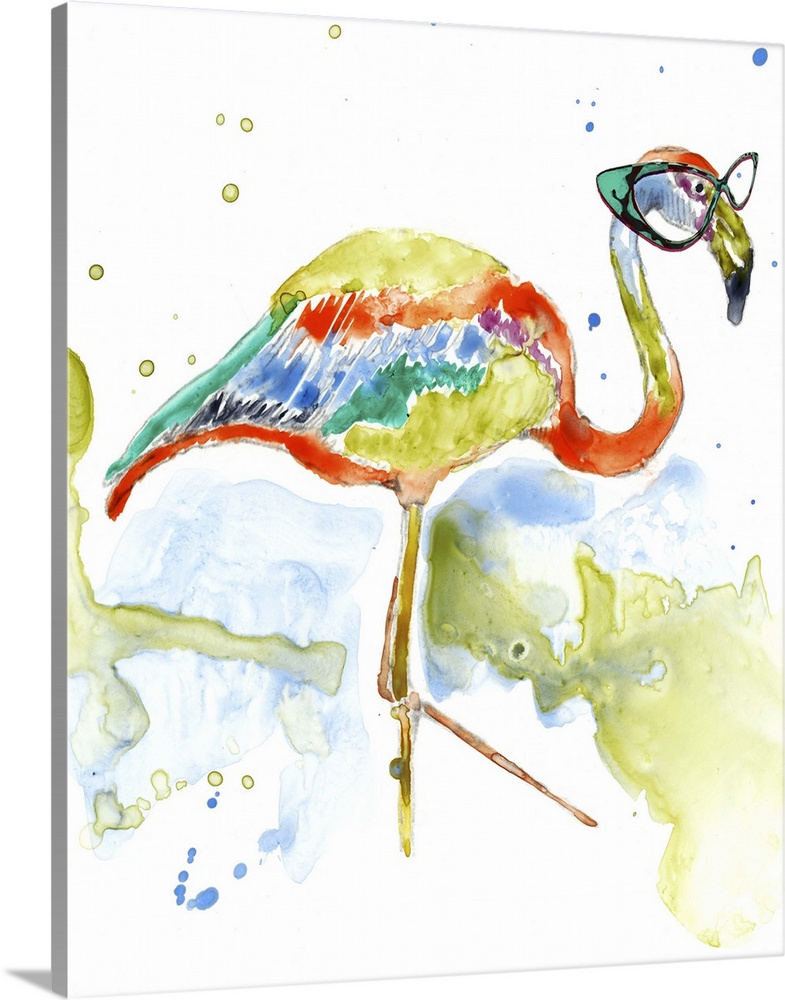 Colorful watercolor painting of a flamingo wearing teal rimmed glasses.