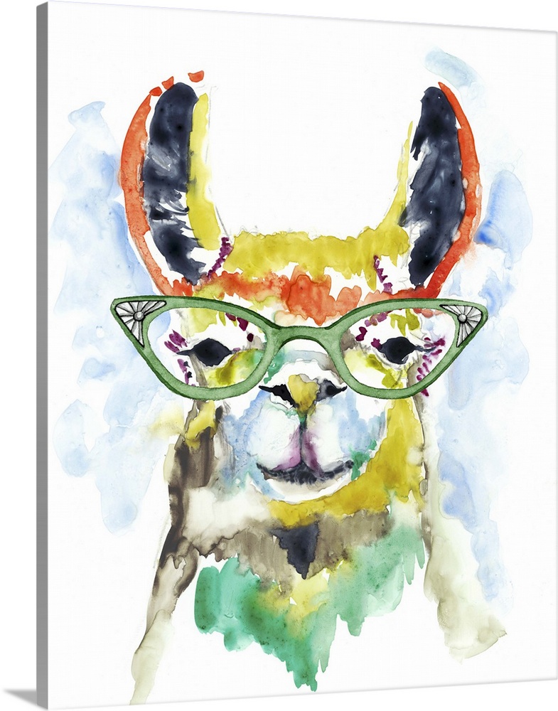 Colorful watercolor painting of a llama wearing green rimmed glasses.