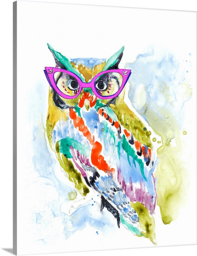 Colorful watercolor painting of an owl wearing bright pink and purple rimmed glasses.