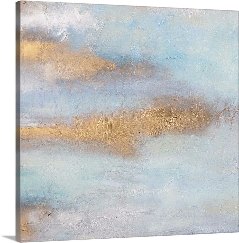 Abstract artwork in pale blue shades with copper streaks.