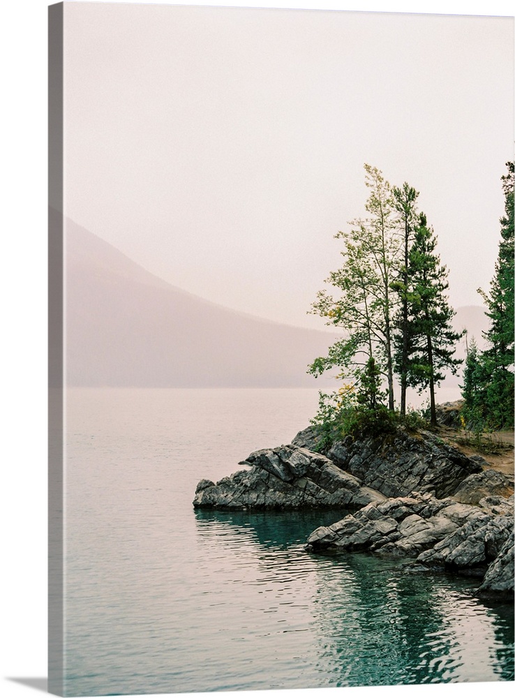 A serene photograph of small trees on the rocky edge of a calm lake with a hazy sky.