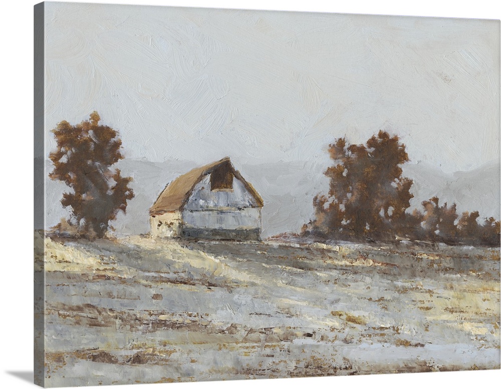 Contemporary painting of a snow covered hillside with a barn and trees, all in a dull appearance.