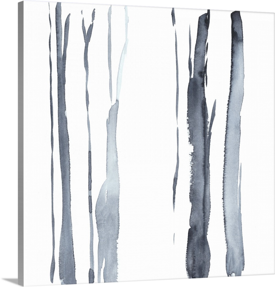 Square watercolor painting of abstract tree trunks in gray against a white background.
