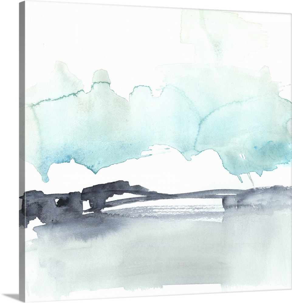 Square watercolor painting of abstract landscape of snow against a white background.