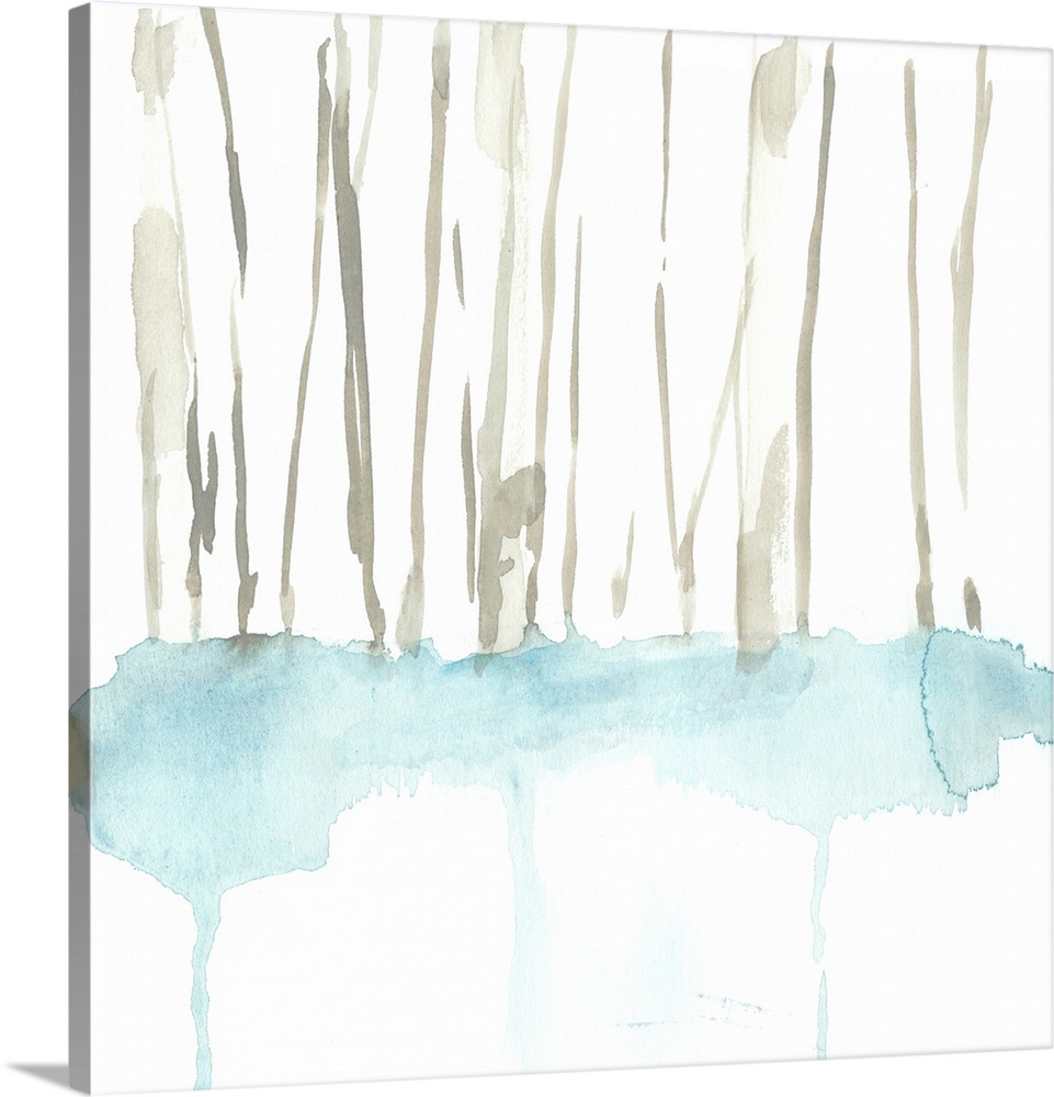 Square watercolor painting of abstract tree trunks in brown with snow against a white background.