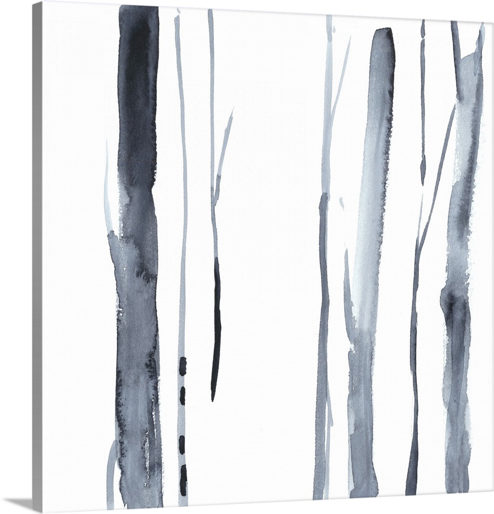 Square watercolor painting of abstract tree trunks in gray against a white background.
