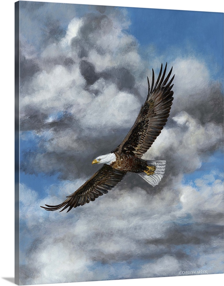 Contemporary painting of a bald eagle in mid flight in blue sky with fluffy clouds.