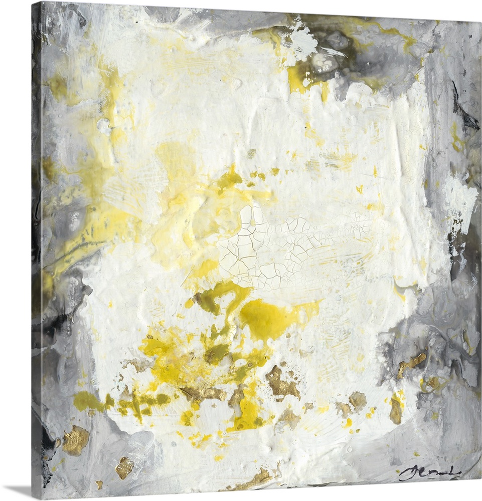 Abstract painting with a heavy impasto effect with yellow splatters on white and grey.