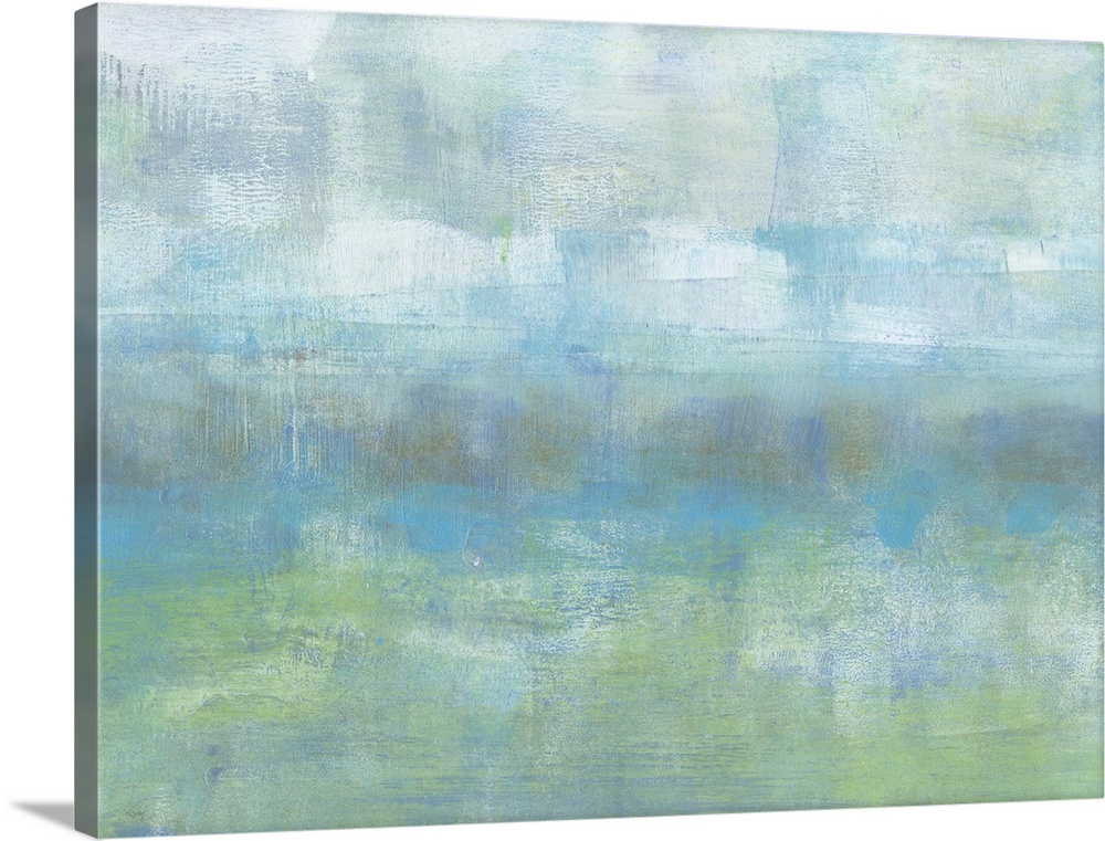 Contemporary abstract painting using green and blue tones to create what looks like a blanket of clouds.