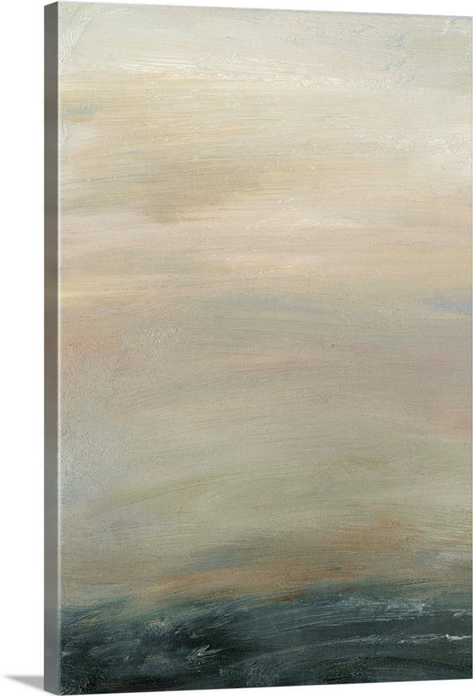 Contemporary landscape painting in soft, muted shades of tan and indigo.