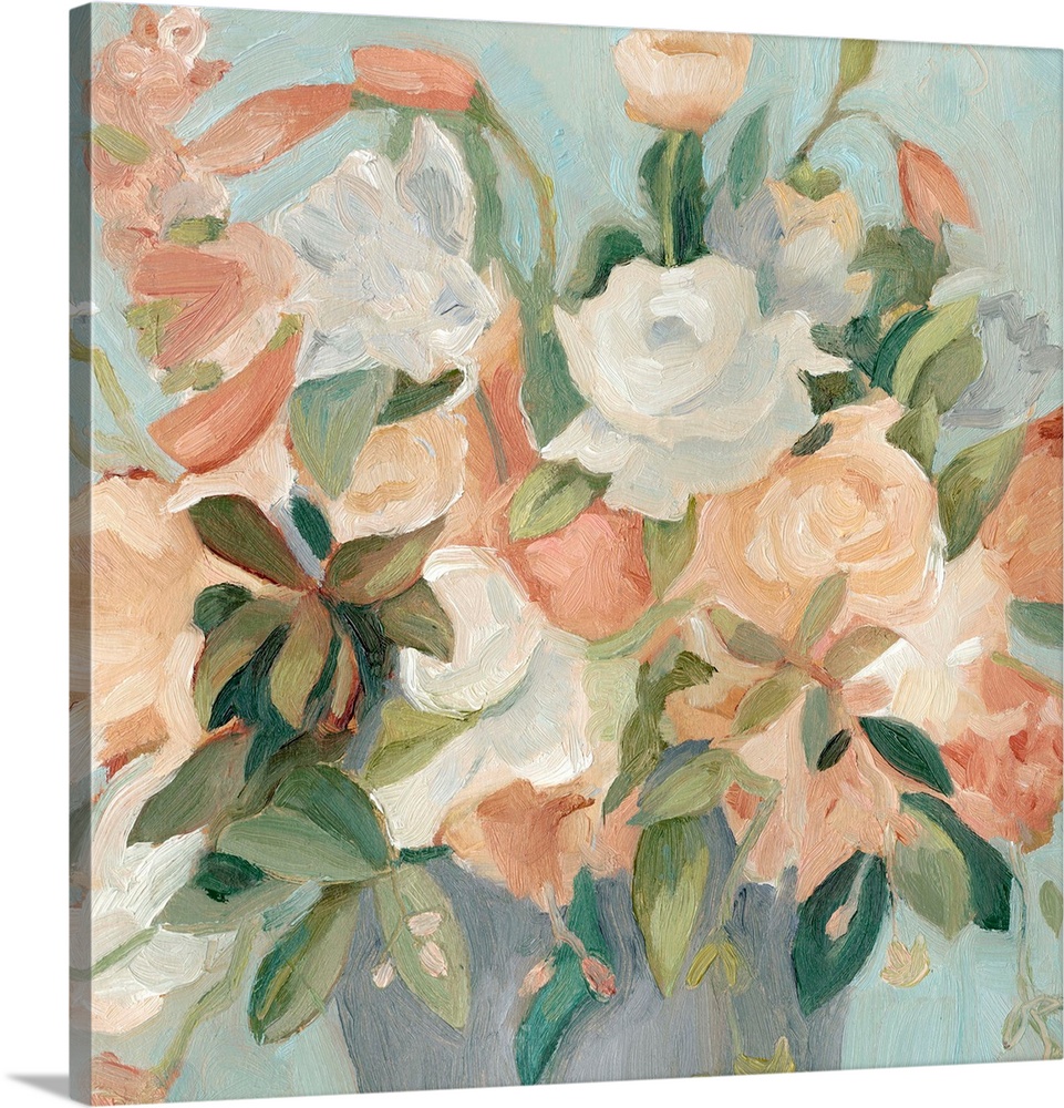 Square painting of a bouquet of soft pastel colored flowers against a pale blue backdrop.