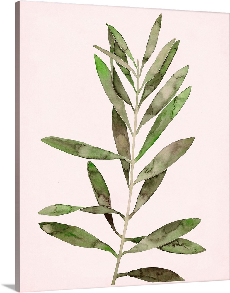 Contemporary painting of watercolor leaves on a pale pink background.