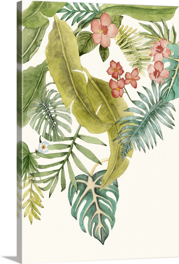 Watercolor painting of a collection of tropical leaves and flowers.
