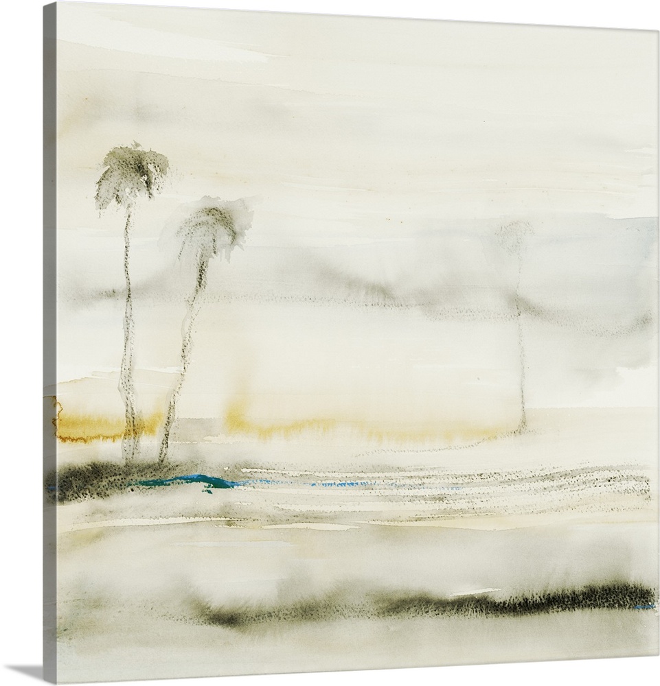 Contemporary painting of delicate palm trees on the horizon in a pale beige landscape.