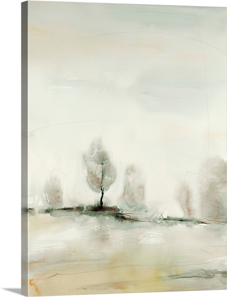 Contemporary landscape art print in neutral colors, with trees on the horizon line.