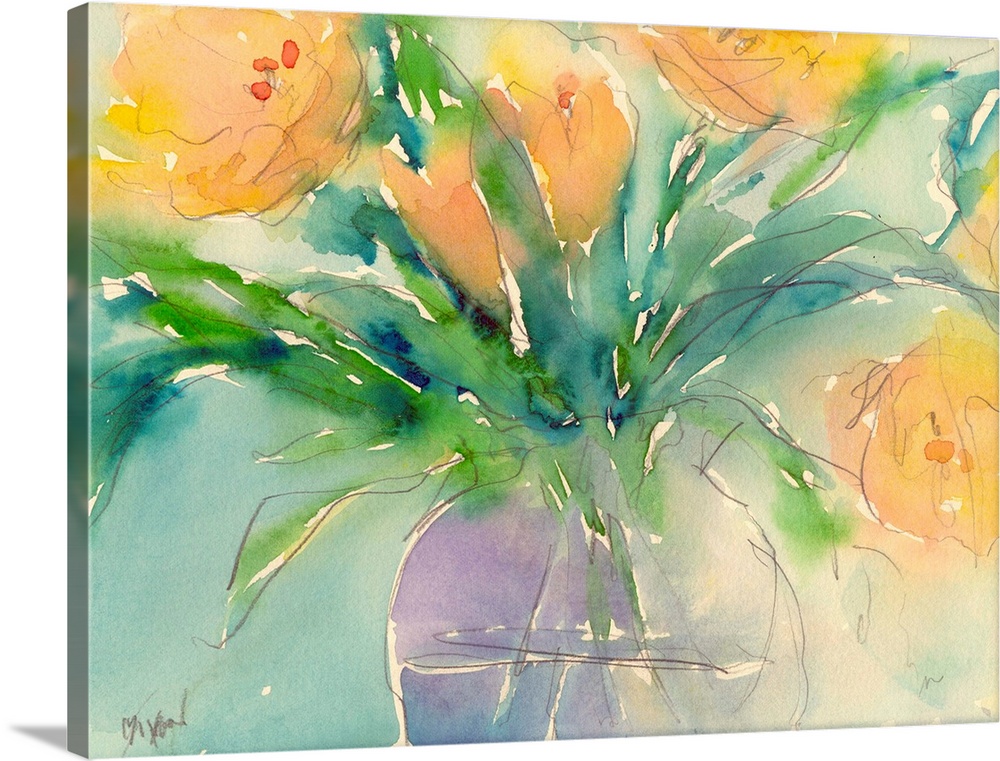 Watercolor painting of bright yellow flowers in a vase.