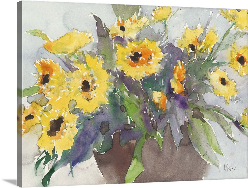 Watercolor painting of bright yellow daisies in a vase.