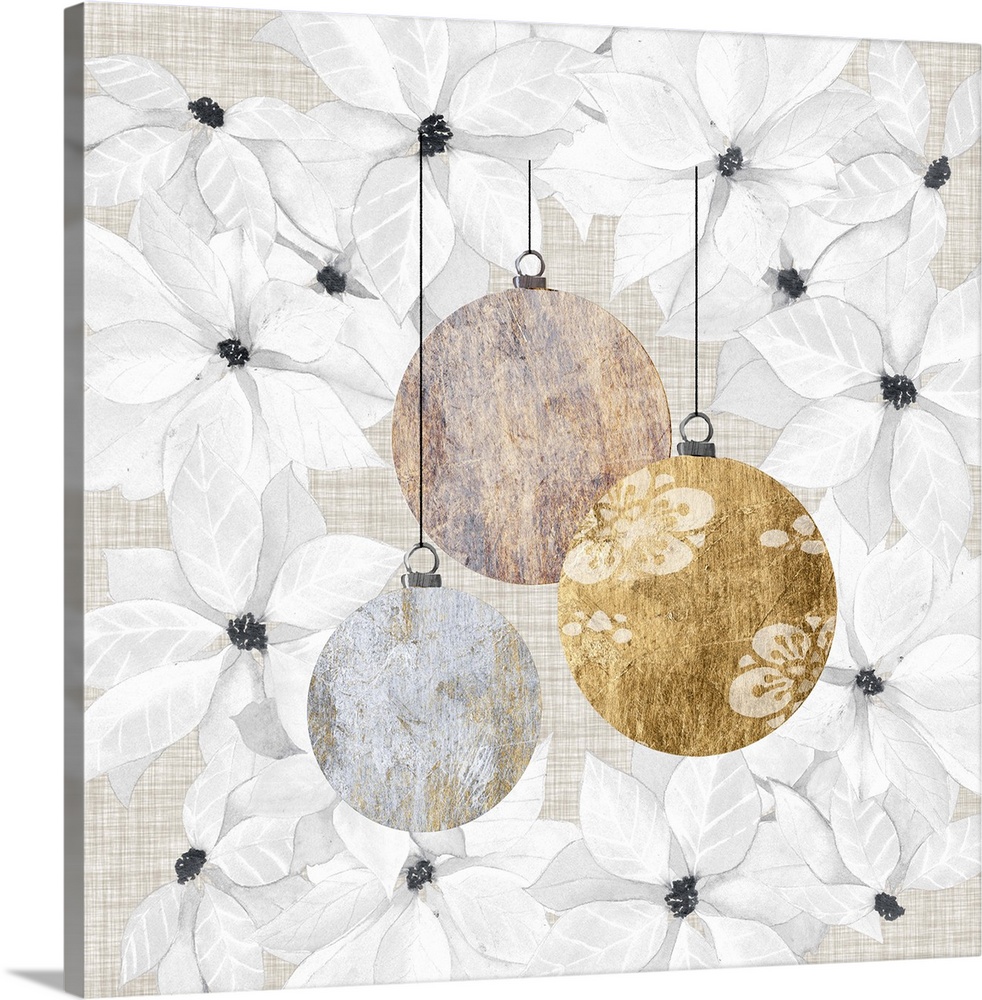 Contemporary Christmas decor of three round ornaments in gold tones.