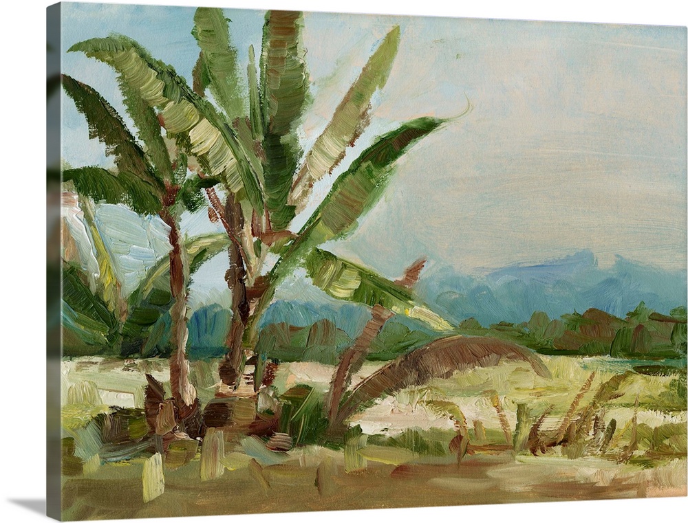 Contemporary painting of an abstracted landscape and palm trees.