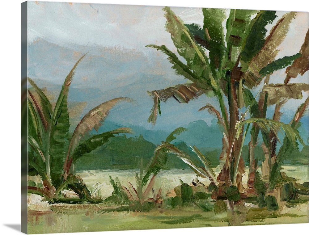 Contemporary painting of an abstracted landscape and palm trees.