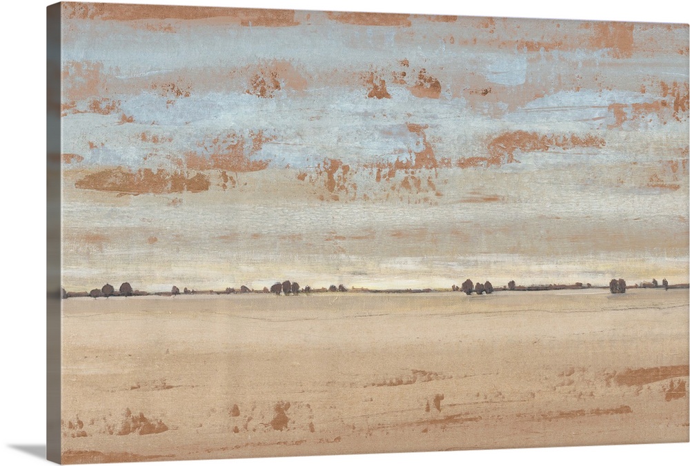 Abstract landscape of an open desert under a pale sky.