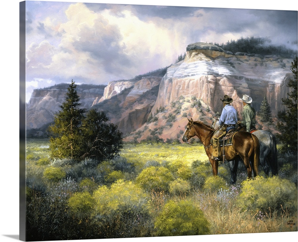 This contemporary artwork of two cowboys seeing the wondrous plains for the first time reminds one of the simple times dur...