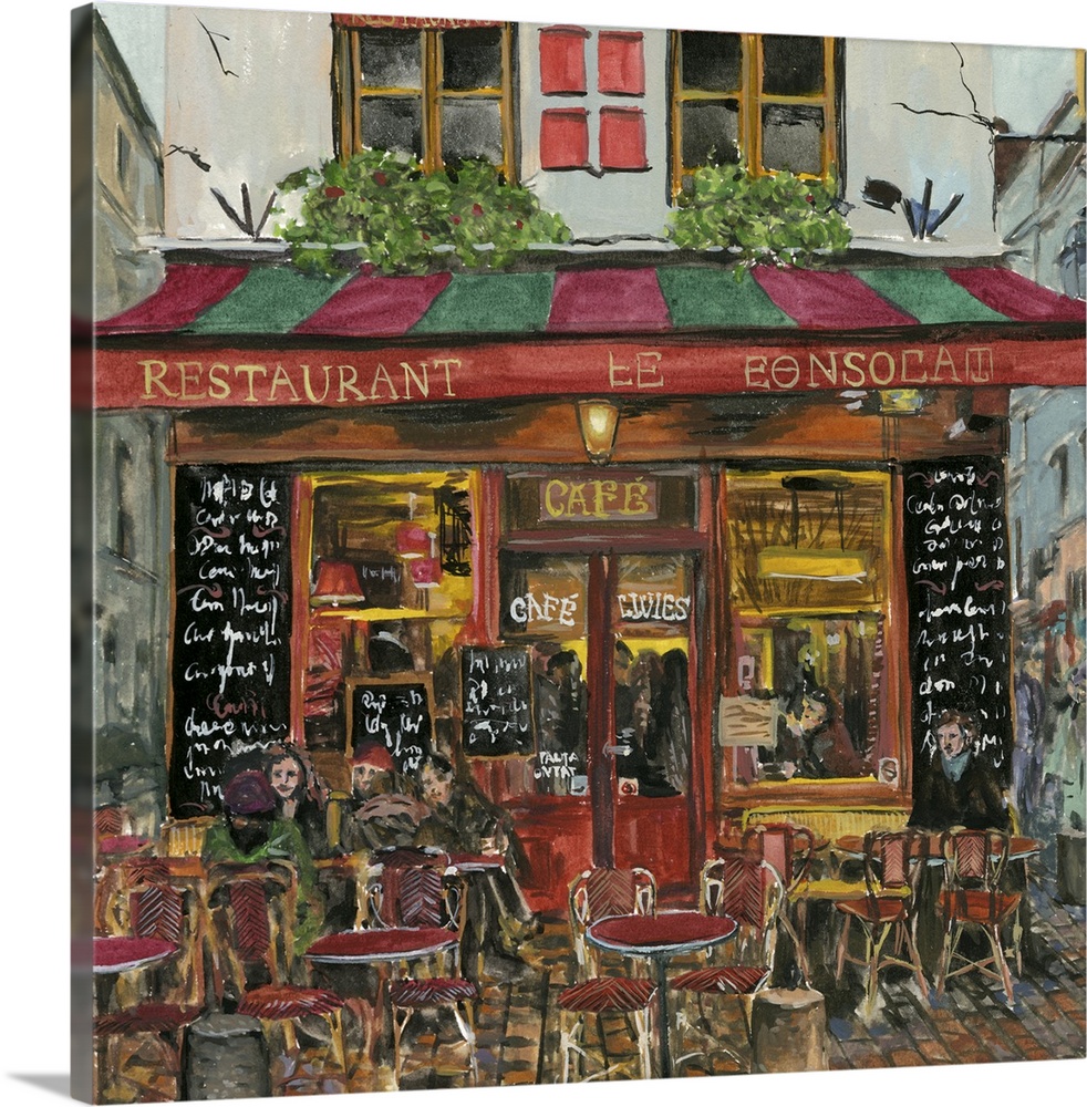 A square decorative image of people sitting outside a red and green cafe in France.
