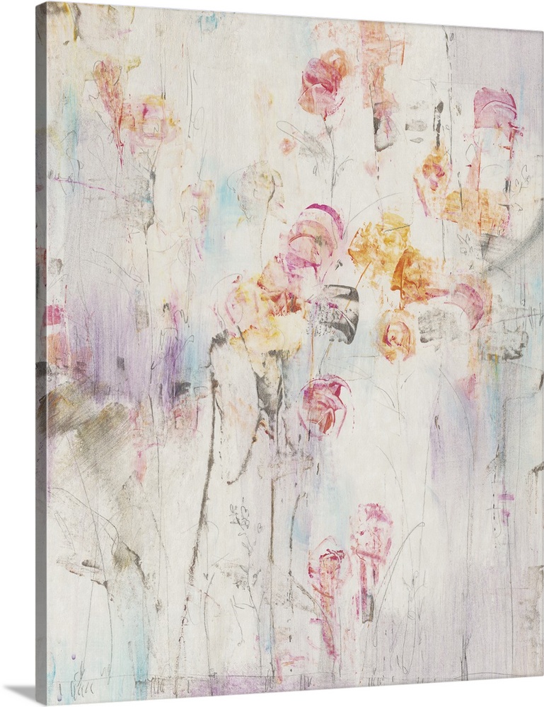 Contemporary abstract painting of colorful flowers through out an environment in neutral tones.